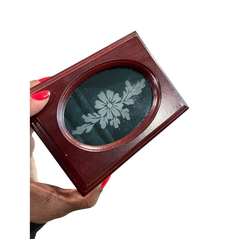 Vintage Small Wooden Jewelry Box with Etched Floral Glass Trinket Box Velvet - Picture 3 of 13